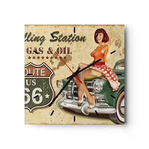 Orologio da parete - Orologio in Vetro - Poster retrò della Route 66 con ragazza pin-up e macchina - 30x30cm - I fantastici anni '40 - Decorazione murale moderna per soggiorno e camera da letto ARTTOR