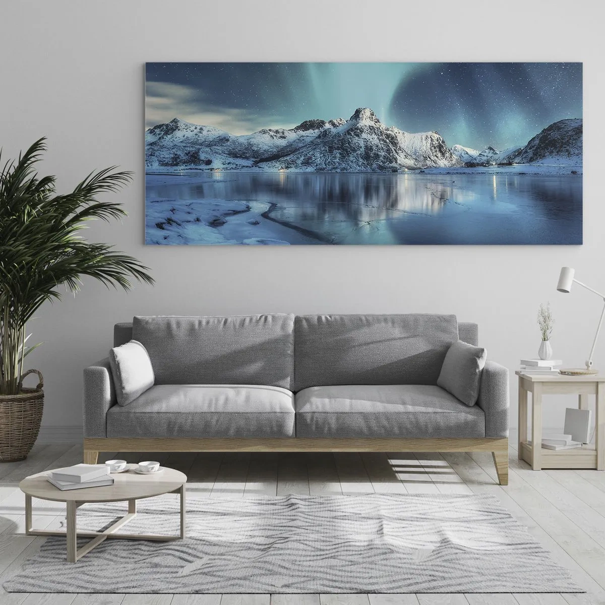 Quadro su vetro - Aurora boreale su montagne innevate e un lago - 120x50cm - Notte di luce - Decorazione murale moderna per soggiorno e camera da letto ARTTOR