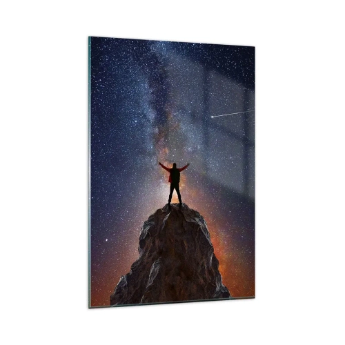 Quadro su vetro - Una figura sulla cima di una montagna sotto un cielo stellato - 80x120cm - La forza è con me! - Decorazione murale moderna per soggiorno e camera da letto ARTTOR