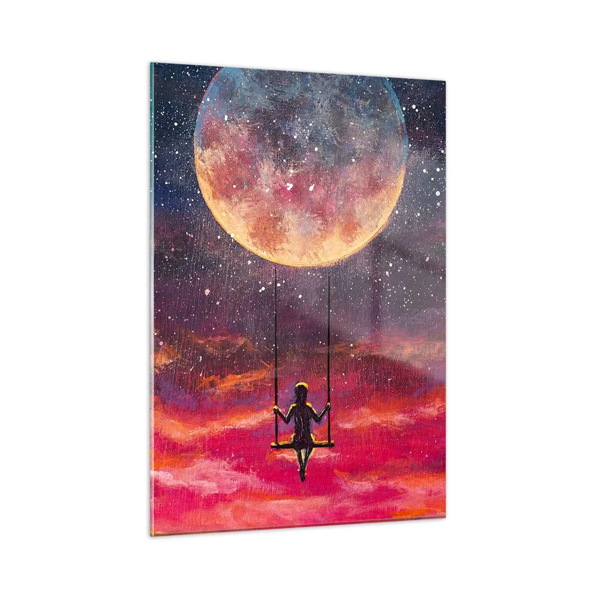 Quadro su vetro - Una ragazza su un'altalena sospesa sotto la luna - 50x70cm - Con la testa tra le nuvole - Decorazione murale moderna per soggiorno e camera da letto ARTTOR