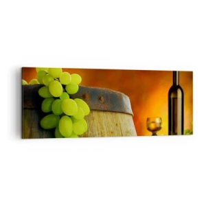 Quadro su tela - Stampe su Tela - Uva su una botte di vino con uno schema di colori caldi sullo sfondo - 140x50cm - Natura morta con bottiglia di vino e acini d'uva - Decorazione murale moderna per soggiorno e camera da letto ARTTOR