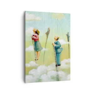 Quadro su tela - Stampe su Tela - Figure che salgono scale tra le nuvole su uno sfondo pastello. - 50x70cm - Seguendo i propri sogni - Decorazione murale moderna per soggiorno e camera da letto ARTTOR