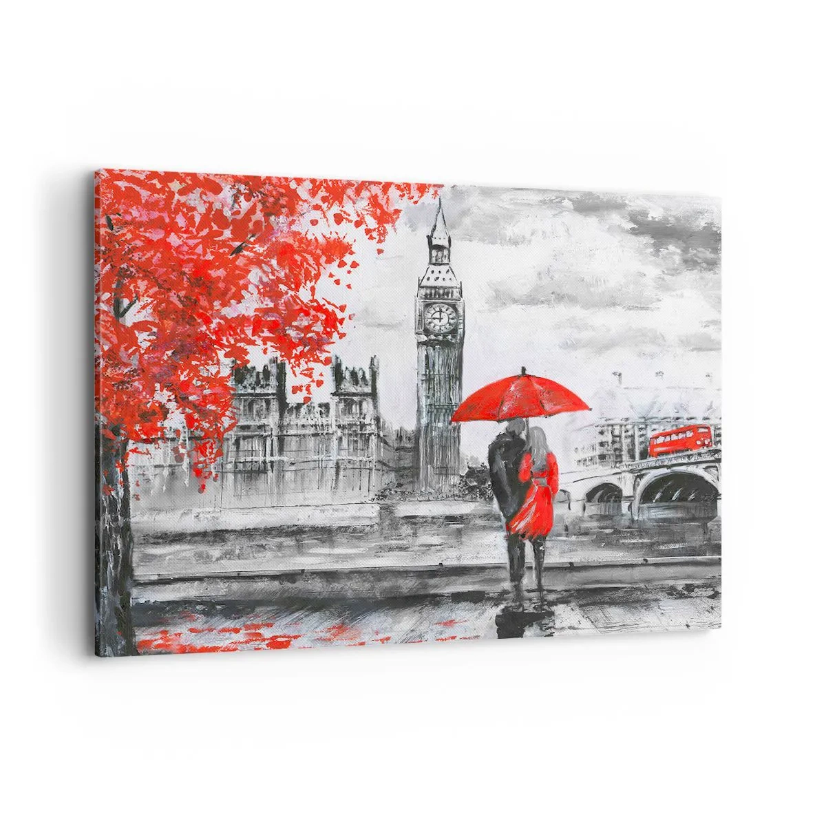 Quadro su tela - Stampe su Tela - Scena romantica con il Big Ben e un ombrello rosso - 100x70cm - Innamorati a Londra - Decorazione murale moderna per soggiorno e camera da letto ARTTOR