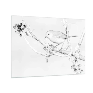 Quadro su vetro - Un uccello appollaiato su un ramo in una scena invernale monocromatica. - 70x50cm - Mattino invernale - Decorazione murale moderna per soggiorno e camera da letto ARTTOR