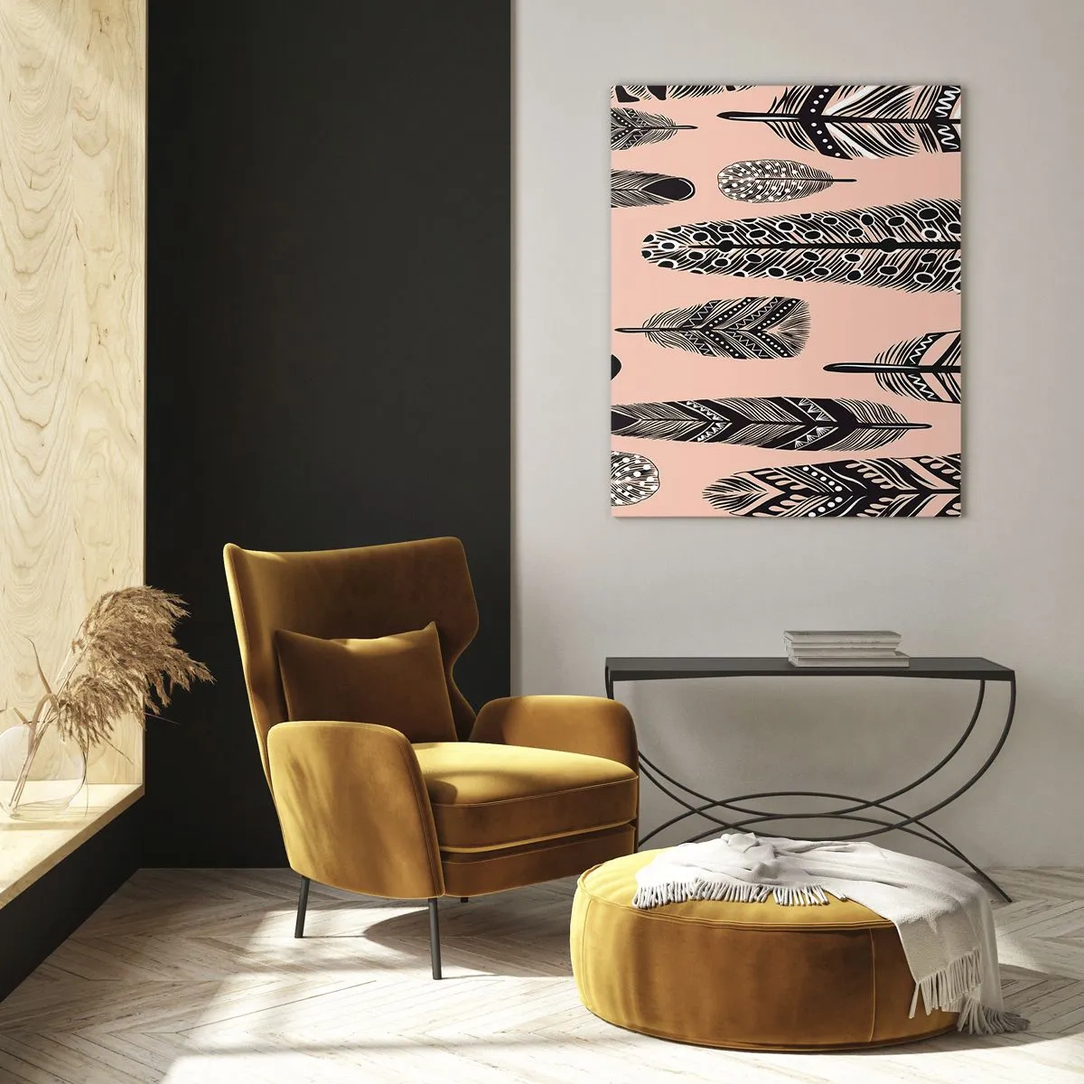 Quadro su vetro - Piume decorative con motivi bianchi e neri su sfondo rosa - 50x70cm - Collezione indiana - Decorazione murale moderna per soggiorno e camera da letto ARTTOR