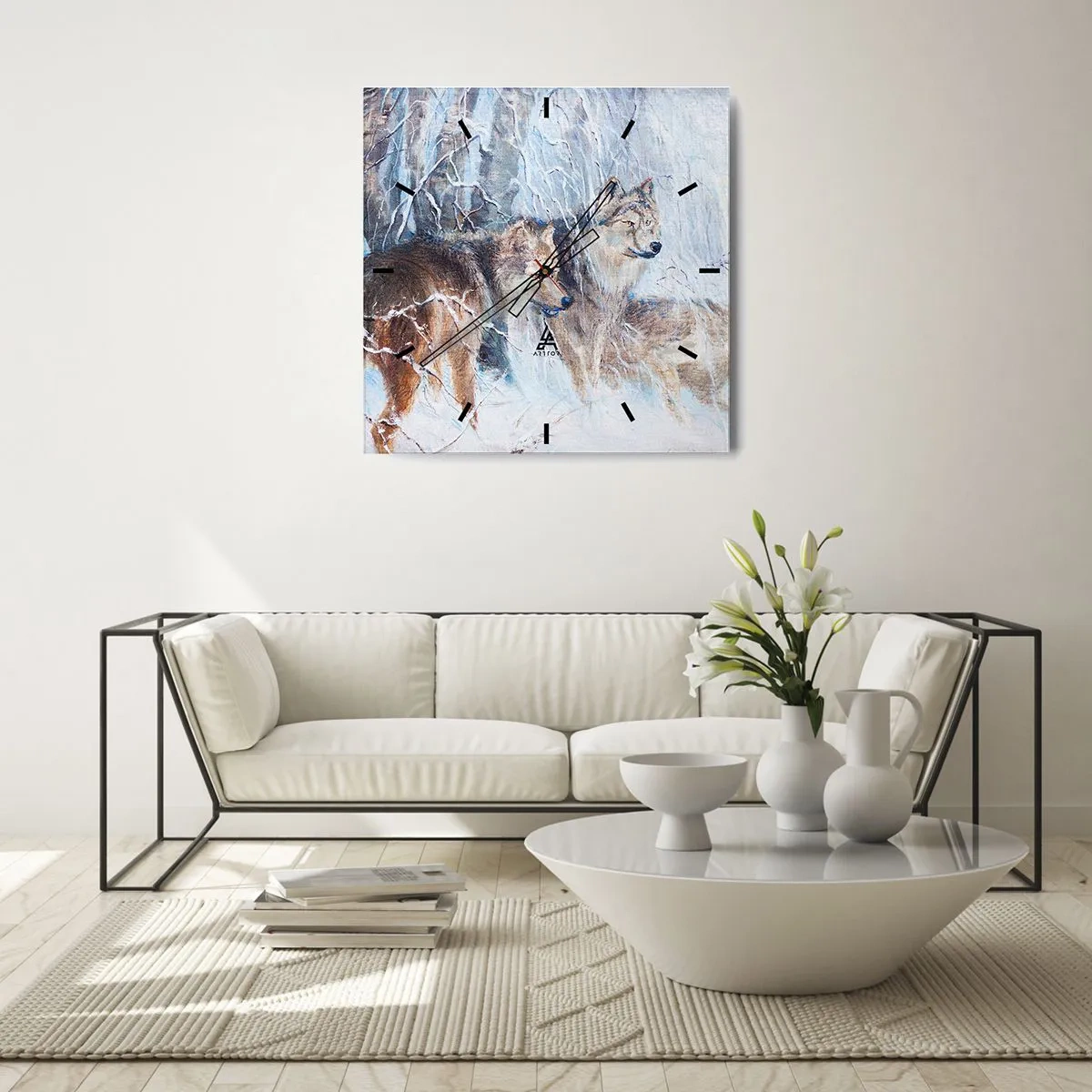 Orologio da parete - Orologio in Vetro - Lupi in una foresta invernale contro uno sfondo innevato - 30x30cm - Attenzione! In arrivo... - Decorazione murale moderna per soggiorno e camera da letto ARTTOR
