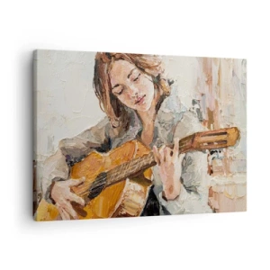 Quadro su tela - Stampe su Tela - Ritratto di una ragazza che suona la chitarra in stile pittorico con colori caldi. - 70x50cm - Concerto per chitarra e cuore di ragazza - Decorazione murale moderna per soggiorno e camera da letto ARTTOR