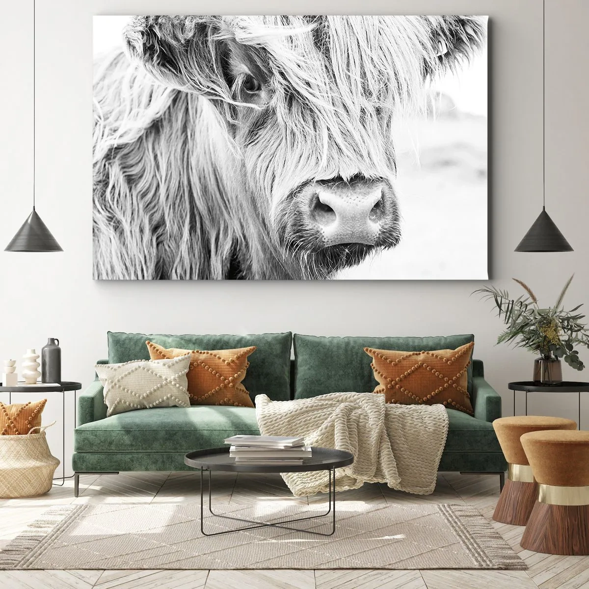 Quadro su tela - Stampe su Tela - Ritratto di una mucca scozzese in bianco e nero - 100x70cm - Selvaticità scozzese - Decorazione murale moderna per soggiorno e camera da letto ARTTOR