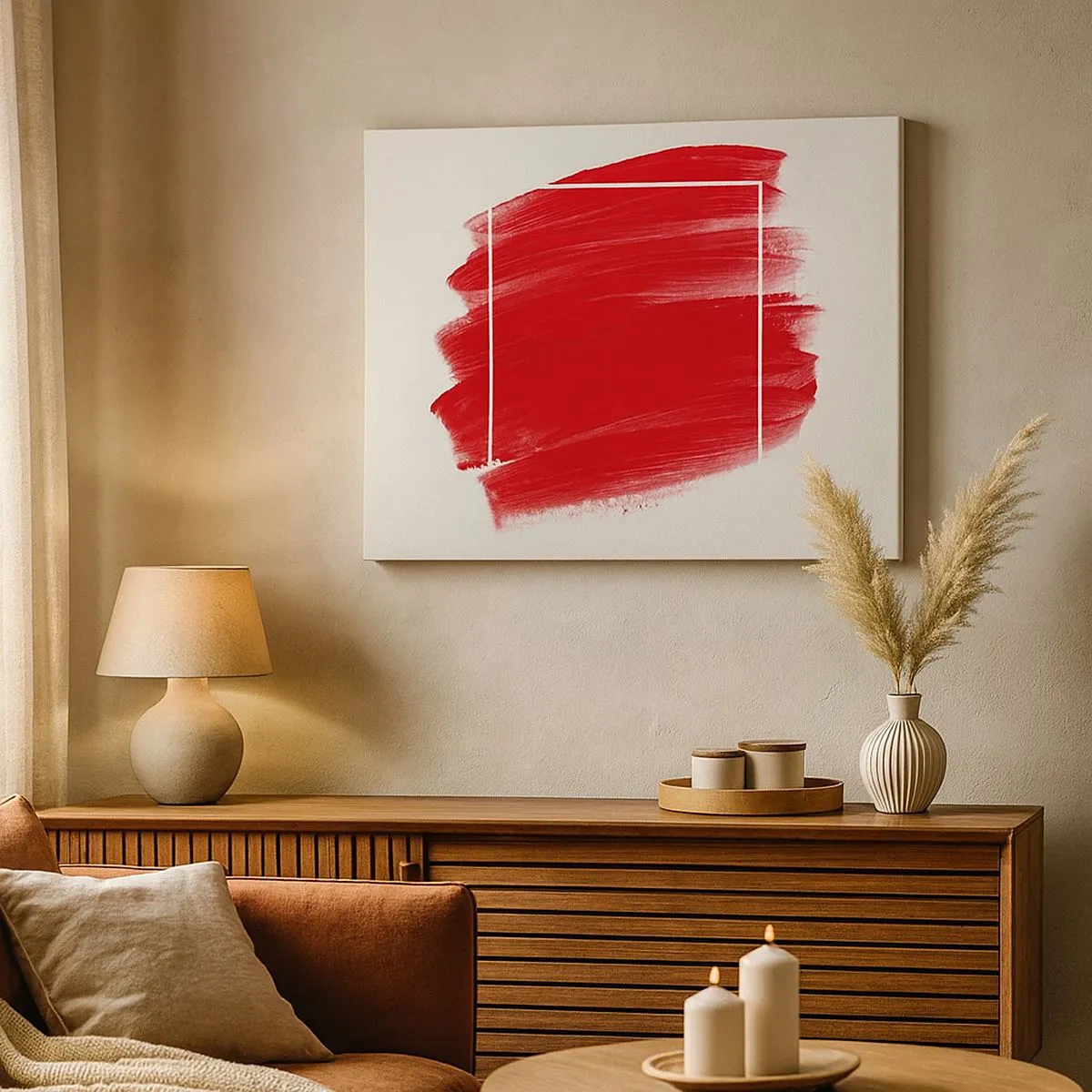 Quadro su tela - Stampe su Tela - Pennellata rossa con bordo bianco - 70x50cm - Fuori dagli schemi - Decorazione murale moderna per soggiorno e camera da letto ARTTOR