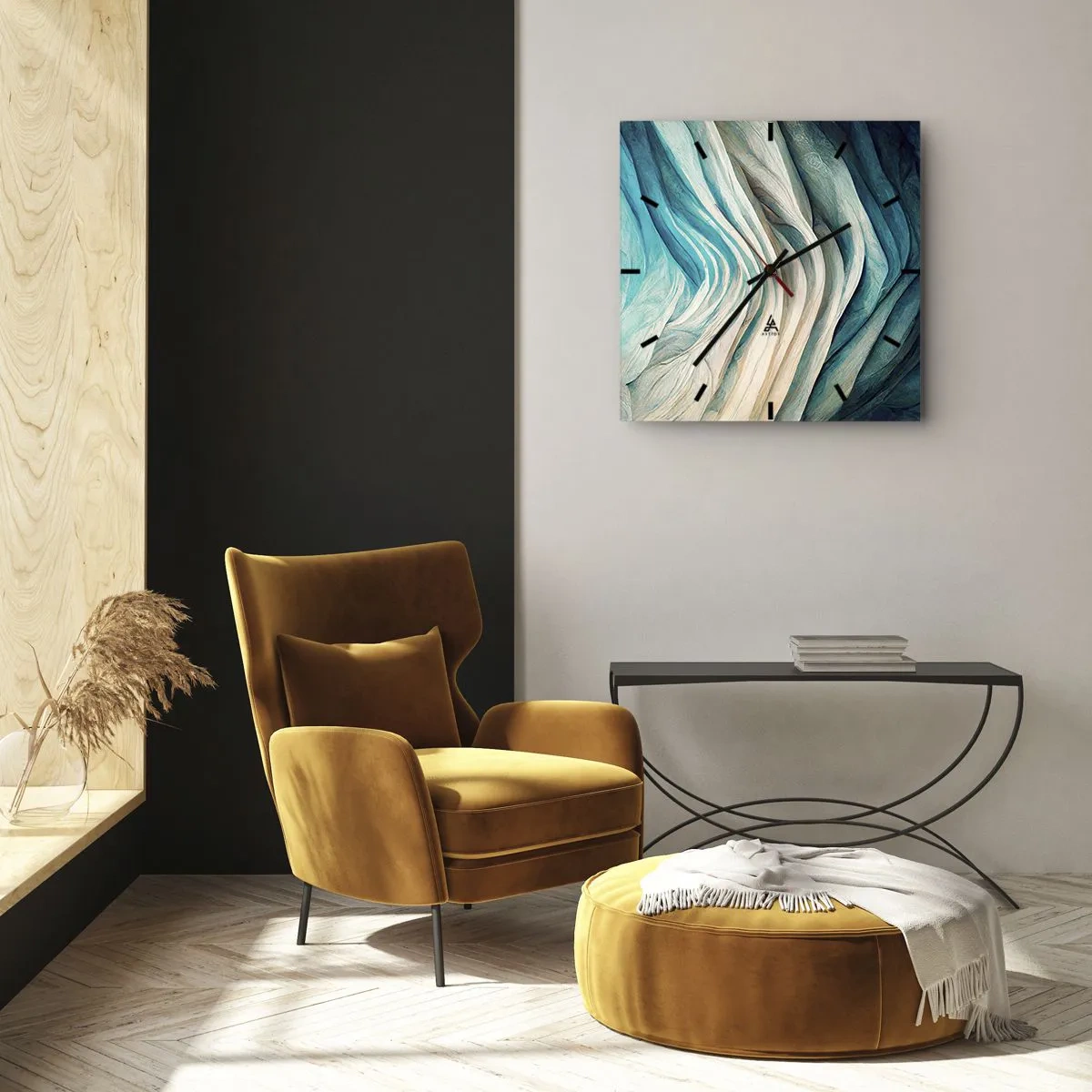 Orologio da parete - Orologio in Vetro - Onde dinamiche nelle tonalità del blu e del bianco - 30x30cm - Blu insaziabile - Decorazione murale moderna per soggiorno e camera da letto ARTTOR