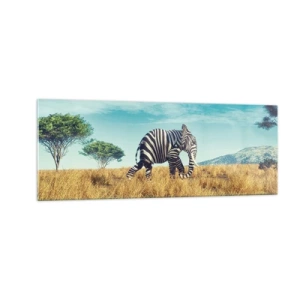 Quadro su vetro - Zebra in un paesaggio africano - 140x50cm - Il grigio non è più di moda - Decorazione murale moderna per soggiorno e camera da letto ARTTOR