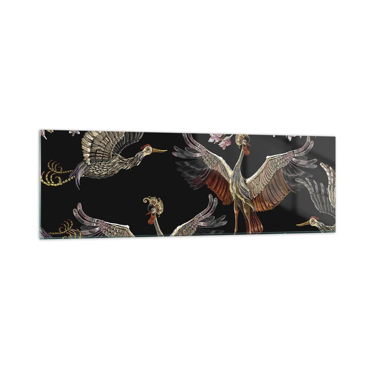 Quadro su vetro - Gru e fiori eleganti su sfondo nero - 160x50cm - Uccello fantastico - Decorazione murale moderna per soggiorno e camera da letto ARTTOR
