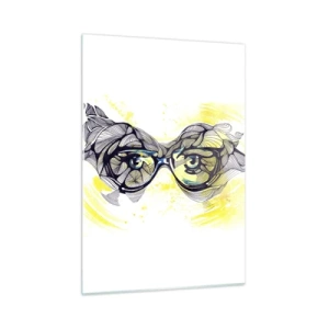 Quadro su vetro - Occhiali con motivi artistici e occhi su uno sfondo giallo - 50x70cm - Attraverso gli occhiali blu - Decorazione murale moderna per soggiorno e camera da letto ARTTOR