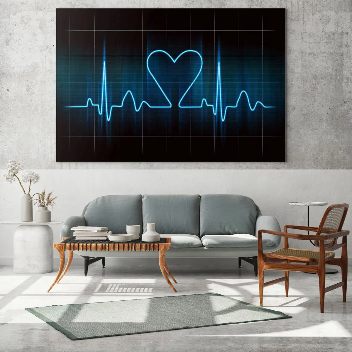 Quadro su vetro - Linea di vita con un cuore su uno sfondo scuro in luce blu - 70x50cm - Al ritmo del cuore - Decorazione murale moderna per soggiorno e camera da letto ARTTOR