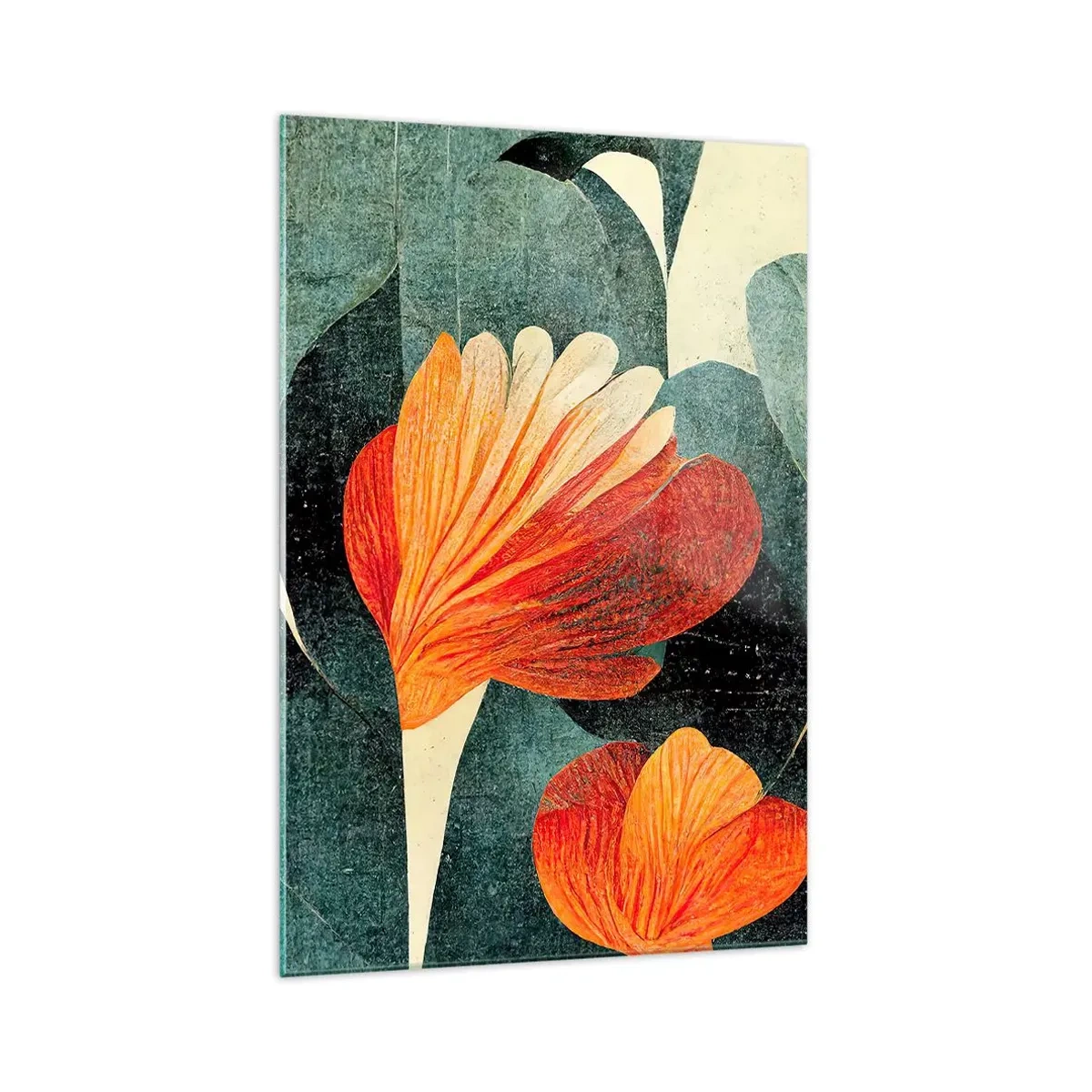 Quadro su vetro - Fiori dalle intense tonalità di arancione e verde - 70x100cm - Caldo dei tropici e fresco del verde - Decorazione murale moderna per soggiorno e camera da letto ARTTOR