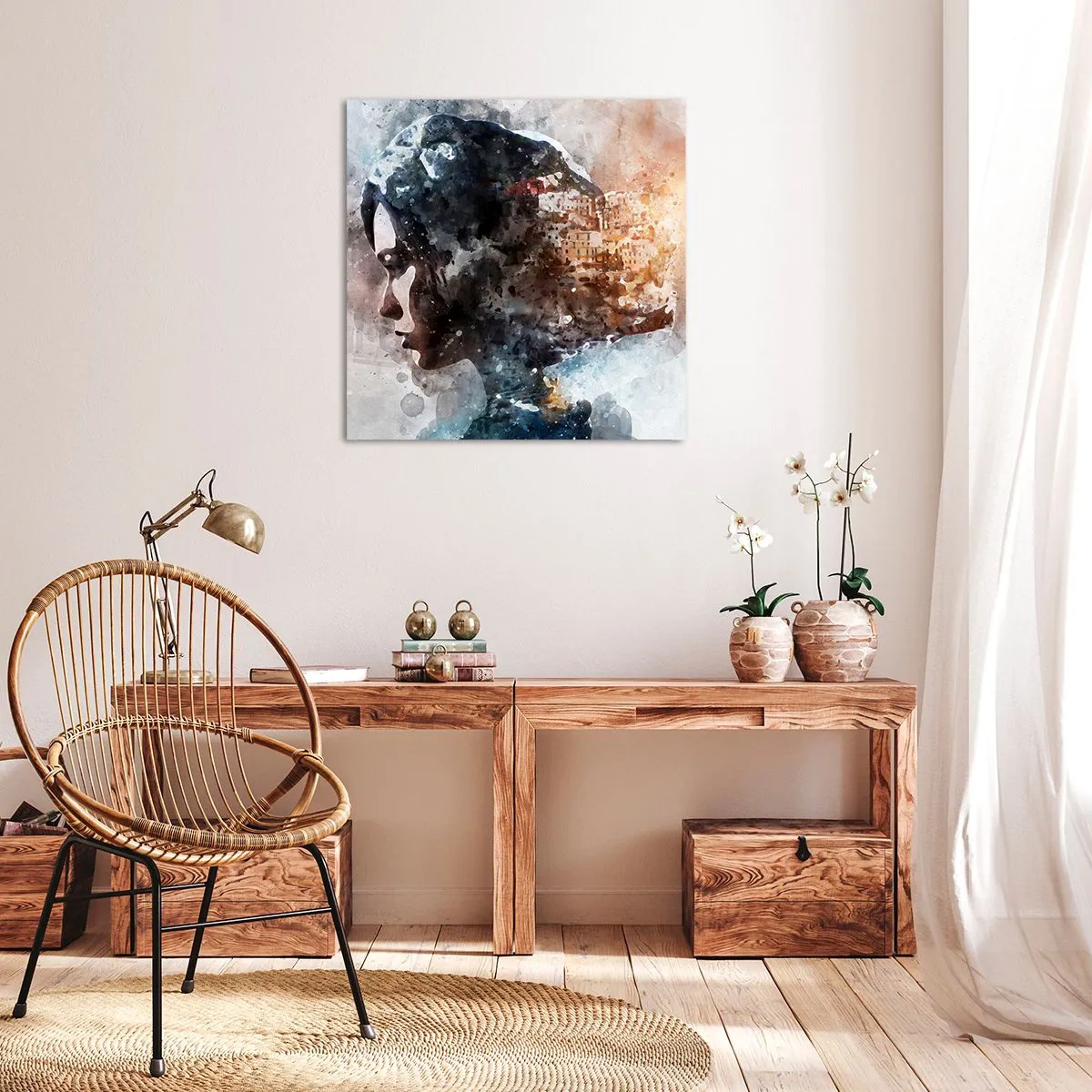 Quadro su tela - Stampe su Tela - Racconto su una ragazza con città sullo sfondo - 30x30 cm