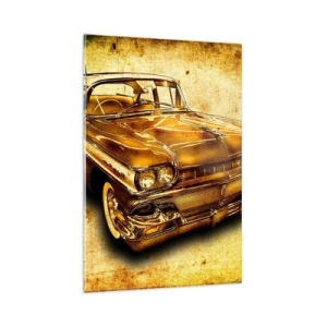 Quadro su vetro - Un'auto retrò classica dorata su uno sfondo vintage con effetto invecchiato. - 80x120cm - La bellezza eterna della classicità - Decorazione murale moderna per soggiorno e camera da letto ARTTOR