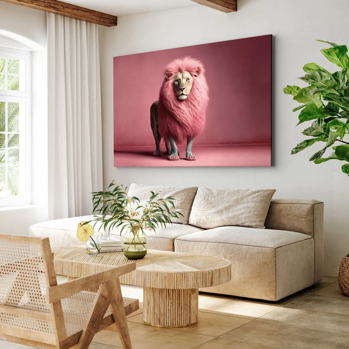 Quadro su tela - Stampe su Tela - Un leone artisticamente raffigurato con una criniera rosa su uno sfondo rosa - 70x50cm - E non mette più paura - Decorazione murale moderna per soggiorno e camera da letto ARTTOR