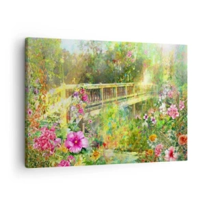 Quadro su tela - Stampe su Tela - Un ponte circondato da una vegetazione lussureggiante e fiori - 70x50cm - Il ponte dei sospiri primaverili - Decorazione murale moderna per soggiorno e camera da letto ARTTOR