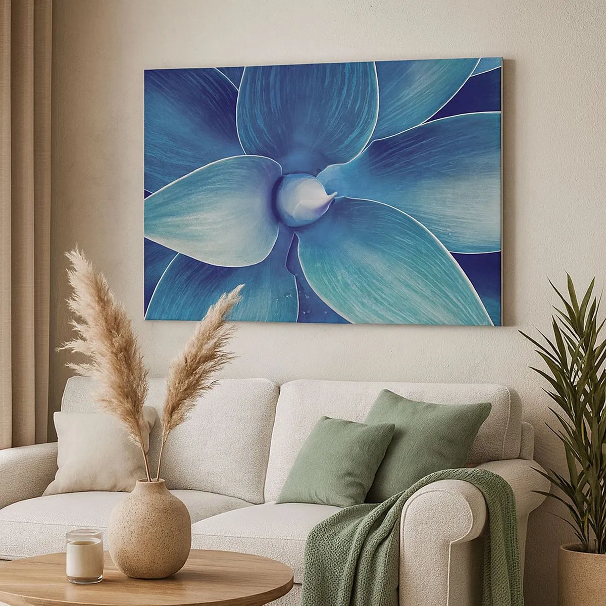 Quadro su tela - Stampe su Tela - Primo piano di un fiore astratto nei toni del blu - 70x50cm - Imbluito dal sole - Decorazione murale moderna per soggiorno e camera da letto ARTTOR