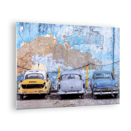 Quadro su vetro - Auto d'epoca sullo sfondo di un muro in rovina - 70x50cm - L'incontro dei veterani - Decorazione murale moderna per soggiorno e camera da letto ARTTOR