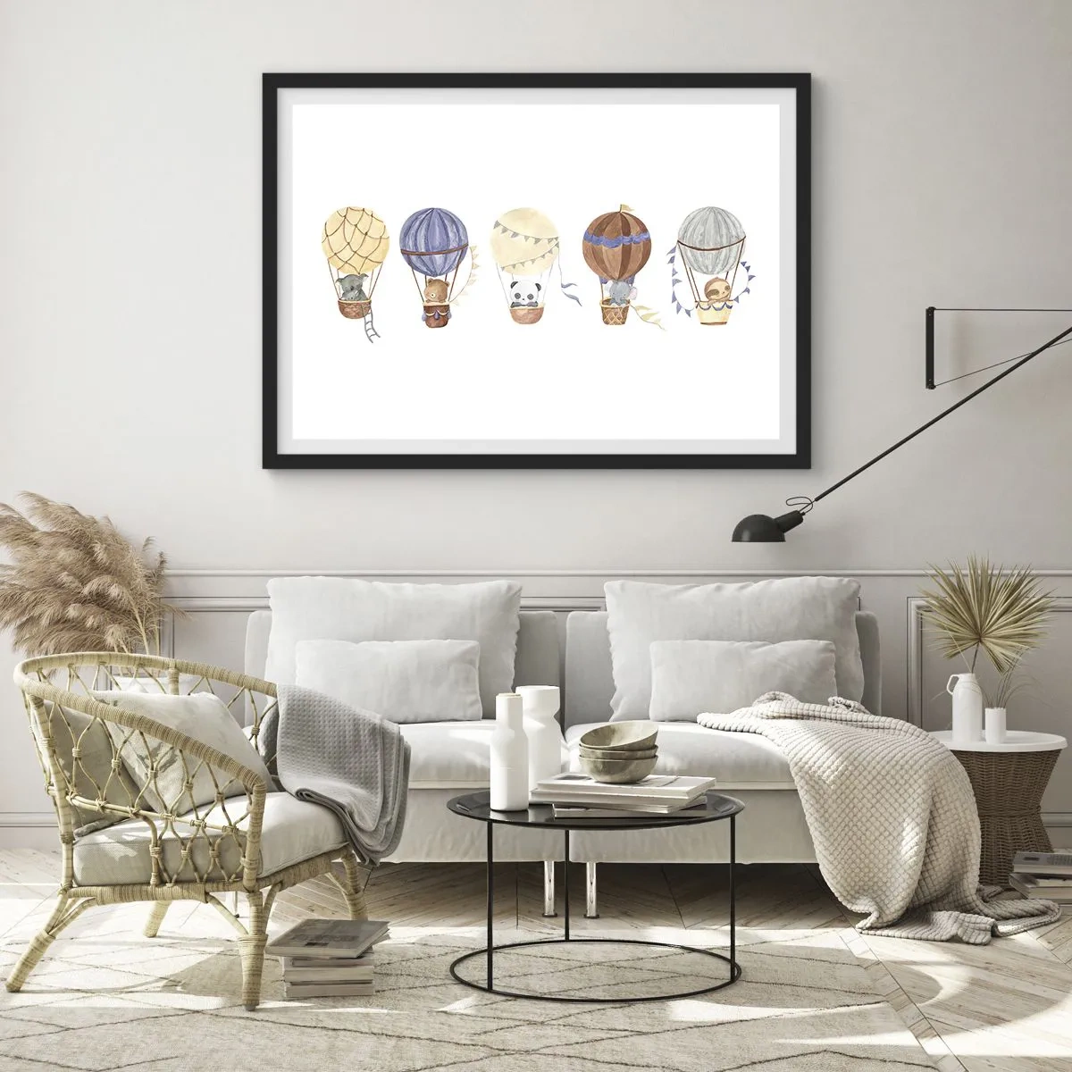 Poster in cornice nera - Simpatici animali in palloncini su sfondo bianco - 70x50cm - Amici in viaggio - Decorazione murale moderna per soggiorno e camera da letto ARTTOR