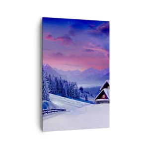 Quadro su tela - Stampe su Tela - Paesaggio invernale con baite di montagna al tramonto - 80x120cm - Notte silenziosa - Decorazione murale moderna per soggiorno e camera da letto ARTTOR