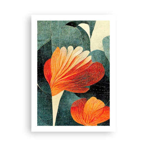 Poster - Fiori astratti nelle tonalità dell'arancione e del verde - 50x70cm - Caldo dei tropici e fresco del verde - Decorazione murale moderna per soggiorno e camera da letto ARTTOR