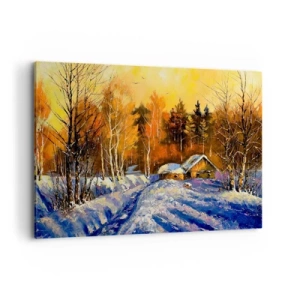 Quadro su tela - Stampe su Tela - Paesaggio invernale con una casa alla luce del sole al tramonto - 120x80cm - Impressionismo invernale al sole - Decorazione murale moderna per soggiorno e camera da letto ARTTOR