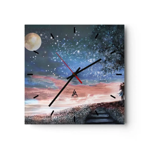 Orologio da parete - Orologio in Vetro - Scena romantica di coppia sotto la luna piena - 30x30cm - Lo spettacolo delle stelle - Decorazione murale moderna per soggiorno e camera da letto ARTTOR