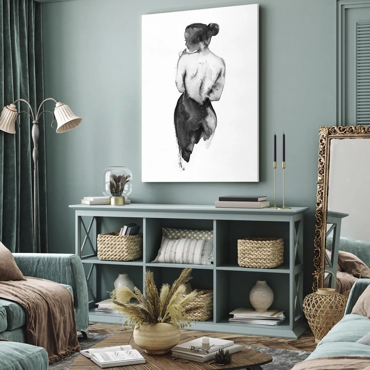 Quadro su tela - Stampe su Tela - La figura di una donna catturata in un delicato acquerello - 50x70cm - Accanto a lei il mondo scompare - Decorazione murale moderna per soggiorno e camera da letto ARTTOR