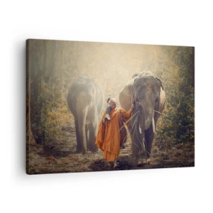 Quadro su tela - Stampe su Tela - Un monaco con una tunica arancione guida un elefante nella foresta. - 70x50cm - Comprensione perfetta - Decorazione murale moderna per soggiorno e camera da letto ARTTOR