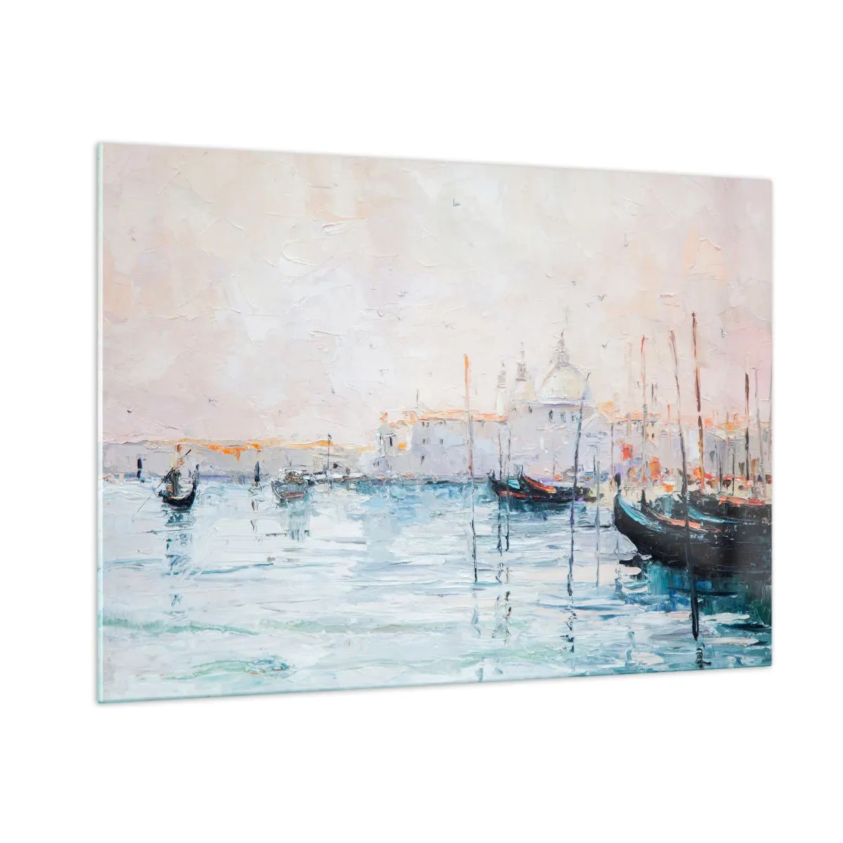 Quadro su vetro - Paesaggio impressionista con barche ed edifici - 100x70cm - Dopo l'acqua, dopo la nebbia - Decorazione murale moderna per soggiorno e camera da letto ARTTOR