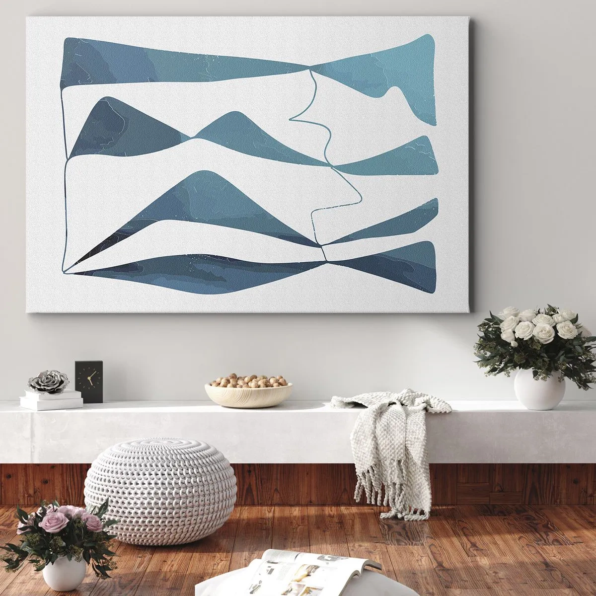 Quadro su tela - Stampe su Tela - Forme astratte nelle tonalità del blu su sfondo bianco - 100x70cm - Astrazione: legame turchese - Decorazione murale moderna per soggiorno e camera da letto ARTTOR