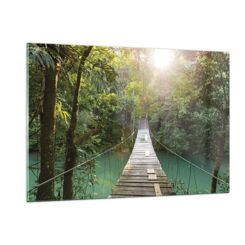 Quadro su vetro - Un ponte sospeso in una foresta tropicale illuminato dalla luce del sole. - 120x80cm - Sull'acqua azzurra verso il bosco azzurro - Decorazione murale moderna per soggiorno e camera da letto ARTTOR