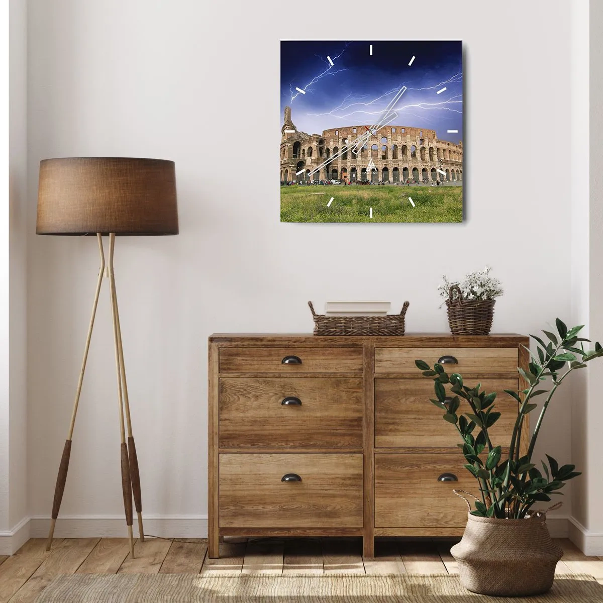 Orologio da parete - Orologio in Vetro - Il Colosseo a Roma illuminato dai fulmini - 30x30cm - Arena di combattimenti - Decorazione murale moderna per soggiorno e camera da letto ARTTOR