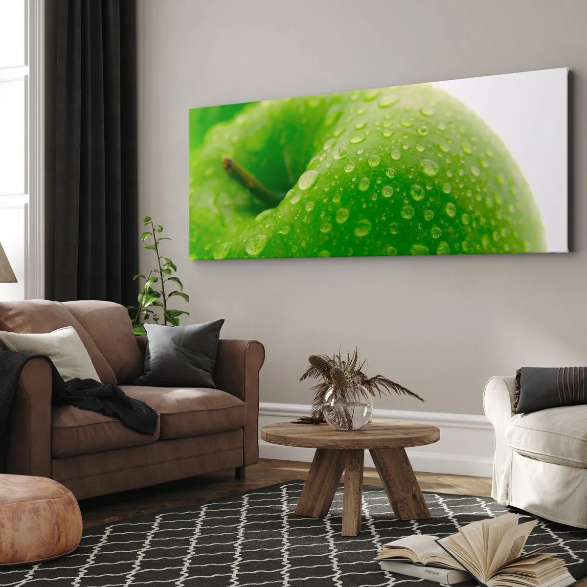 Quadro su tela - Stampe su Tela - Primo piano di una mela verde con gocce d'acqua - 160x50cm - Rinfrescante verde freschezza - Decorazione murale moderna per soggiorno e camera da letto ARTTOR