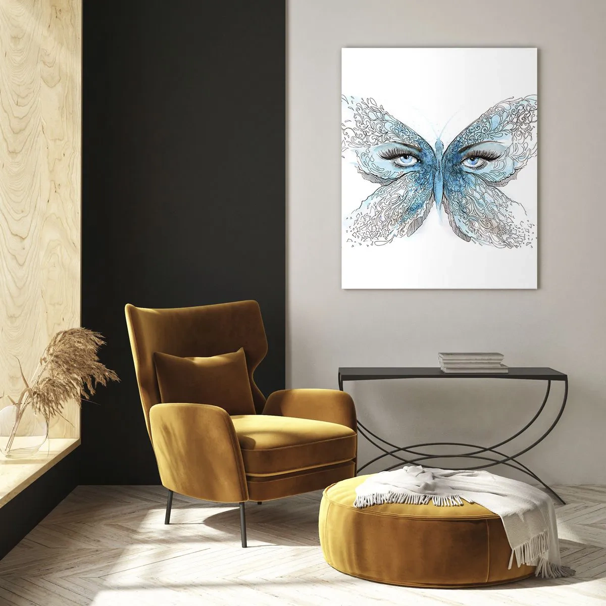 Quadro su vetro - Acquerello artistico di una farfalla con gli occhi azzurri - 80x120cm - Argo azzurro - Decorazione murale moderna per soggiorno e camera da letto ARTTOR