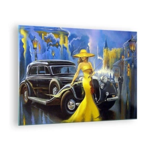 Quadro su vetro - Una donna con un vestito giallo accanto a un'auto d'epoca - 70x50cm - Notturno per violino e amore - Decorazione murale moderna per soggiorno e camera da letto ARTTOR