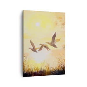 Quadro su tela - Stampe su Tela - Anatre che volano all'alba sul lago - 50x70cm - L'inizio di un lungo viaggio - Decorazione murale moderna per soggiorno e camera da letto ARTTOR