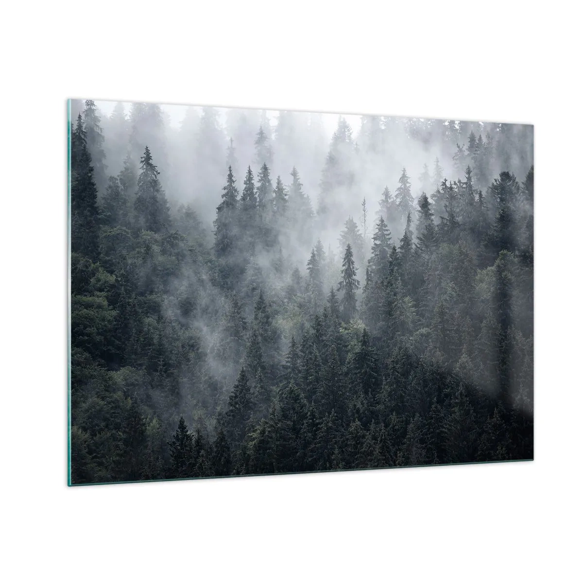 Quadro su vetro - Nebbia sospesa sulla fitta foresta di conifere al mattino - 100x70cm - Alba nel bosco - Decorazione murale moderna per soggiorno e camera da letto ARTTOR