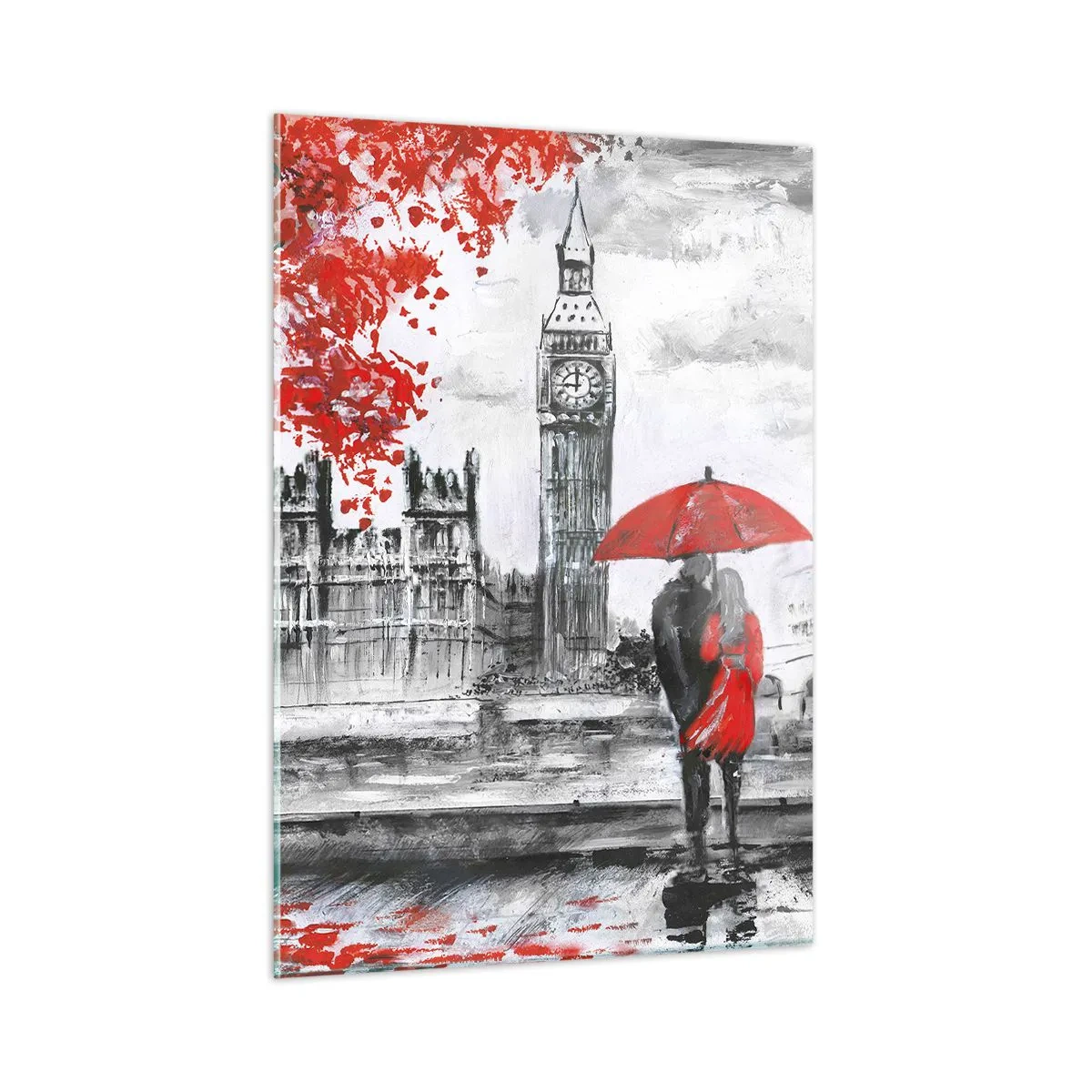 Quadro su vetro - Una coppia sotto un ombrello rosso con il Big Ben e gli alberi autunnali sullo sfondo. - 50x70cm - Innamorati a Londra - Decorazione murale moderna per soggiorno e camera da letto ARTTOR