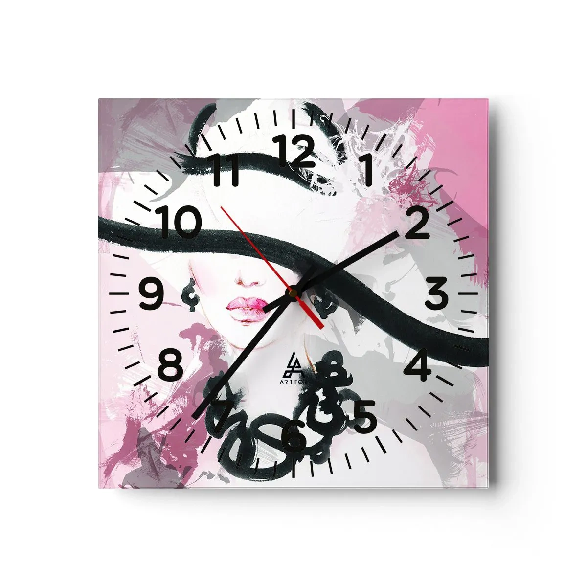 Orologio da parete - Orologio in Vetro - Ritratto di donna in nero e rosa - 40x40 cm