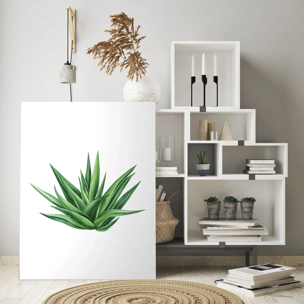 Quadro su vetro - Una pianta verde con foglie carnose su uno sfondo bianco - 50x70cm - Verde - forza - vita - Decorazione murale moderna per soggiorno e camera da letto ARTTOR