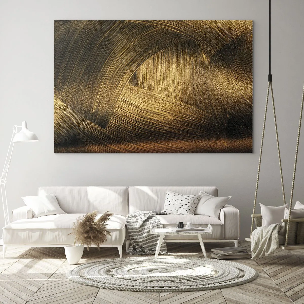 Quadro su vetro - Un dipinto astratto raffigurante linee geometriche dorate su uno sfondo - 100x70cm - Nel labirinto d'oro - Decorazione murale moderna per soggiorno e camera da letto ARTTOR