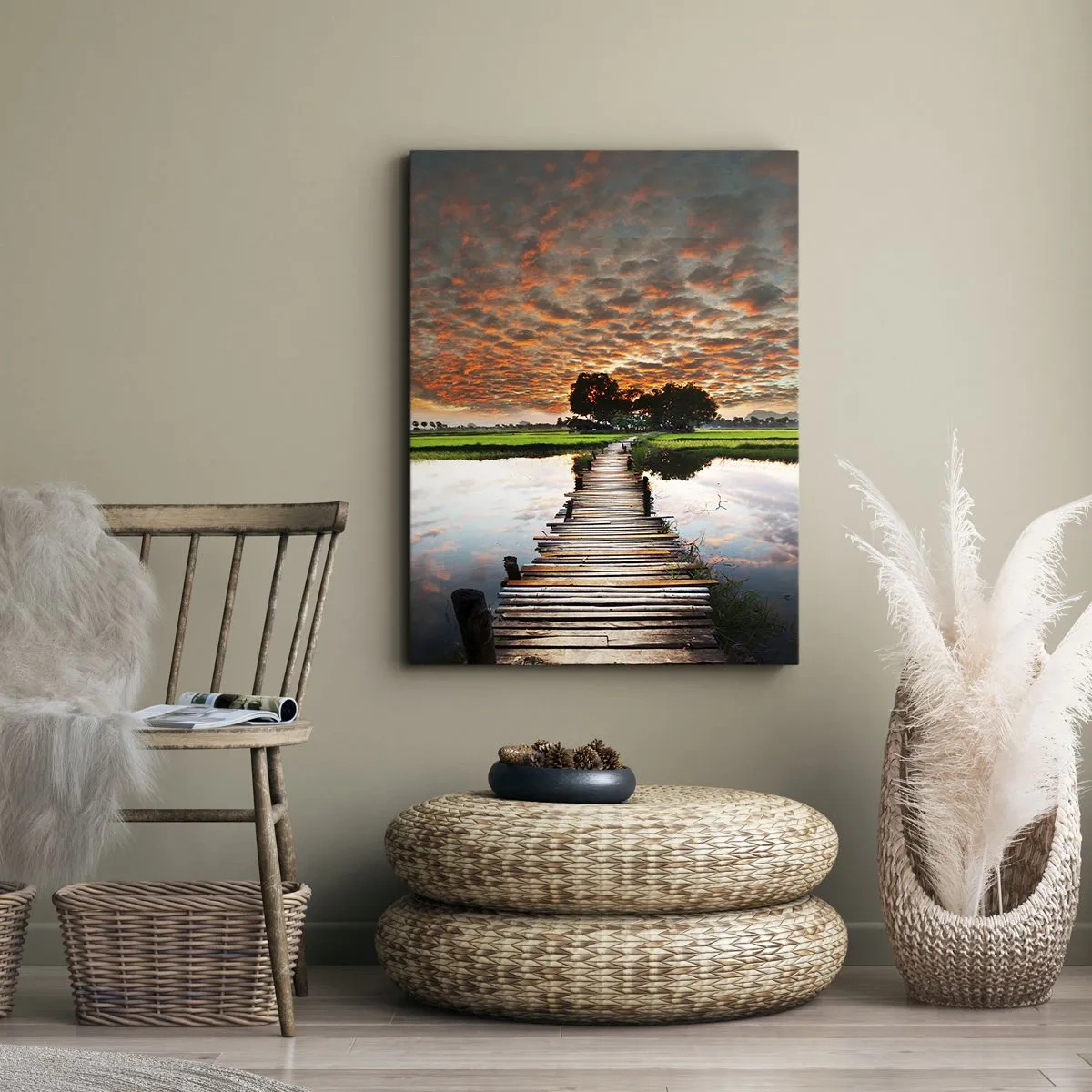 Quadro su tela - Stampe su Tela - Ponte di legno sull'acqua al tramonto - 50x70cm - Allarga le braccia, respira - Decorazione murale moderna per soggiorno e camera da letto ARTTOR