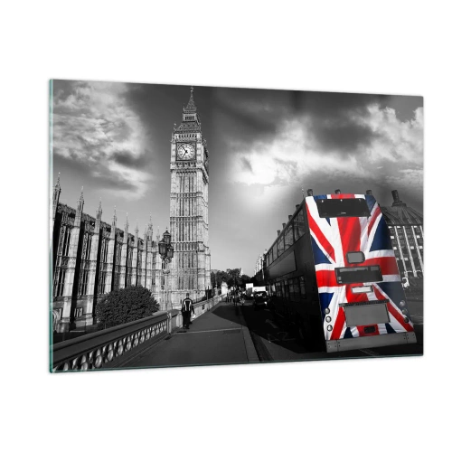 Quadro su vetro - Il Big Ben e un autobus con la bandiera britannica - 120x80cm - Orgogliosa e grande - Decorazione murale moderna per soggiorno e camera da letto ARTTOR