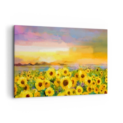 Quadro su tela - Stampe su Tela - Un campo di girasoli alla luce del sole al tramonto - 100x70cm - Il sole è sceso sulla terra - Decorazione murale moderna per soggiorno e camera da letto ARTTOR