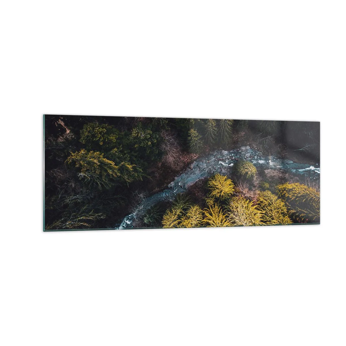 Quadro su vetro - Una vista dall'alto di una foresta con un fiume tortuoso - 140x50cm - Sempre più veloce - Decorazione murale moderna per soggiorno e camera da letto ARTTOR
