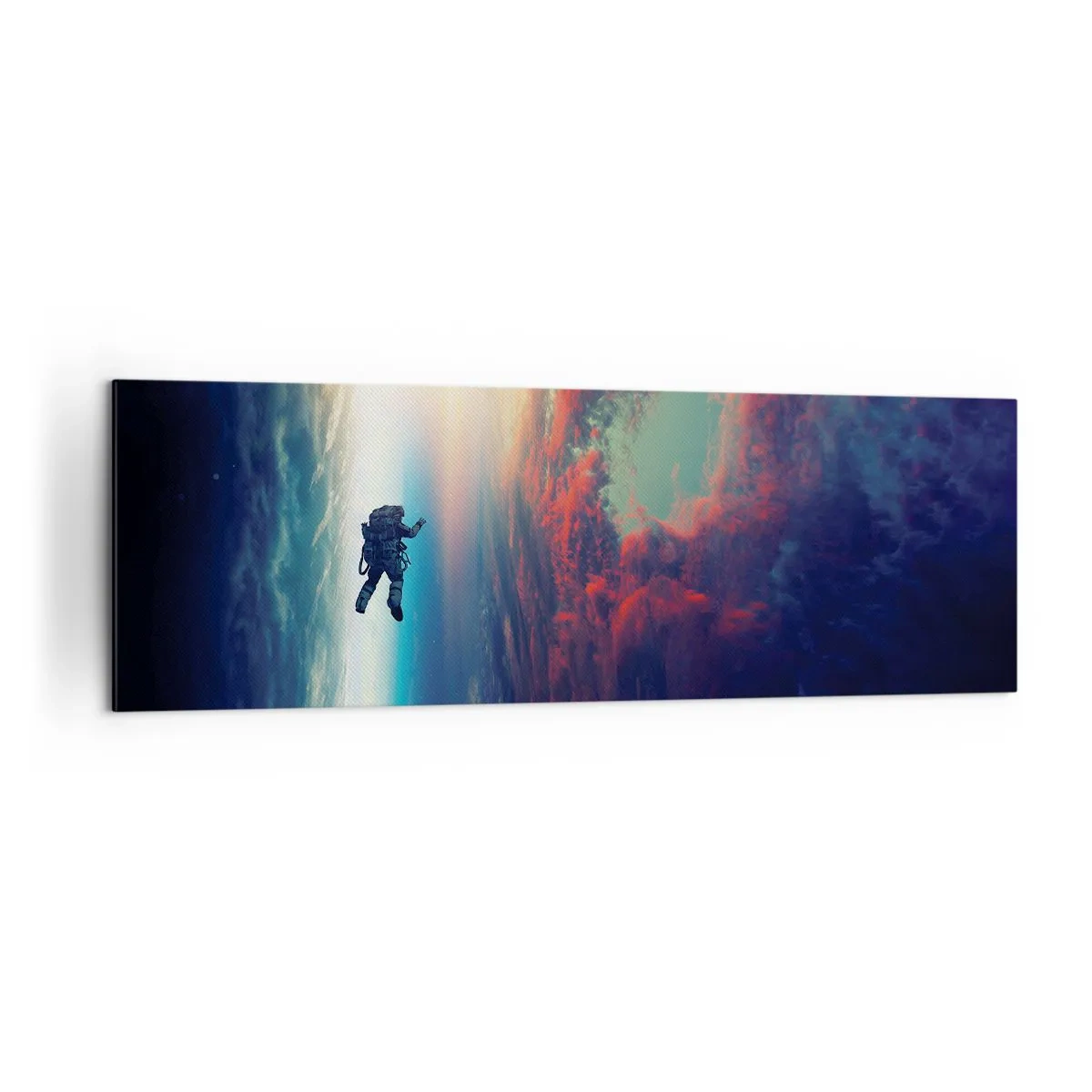 Quadro su tela - Stampe su Tela - Un astronauta che fluttua nello spazio sopra una Terra colorata - 160x50cm - Affrontando l'universo - Decorazione murale moderna per soggiorno e camera da letto ARTTOR